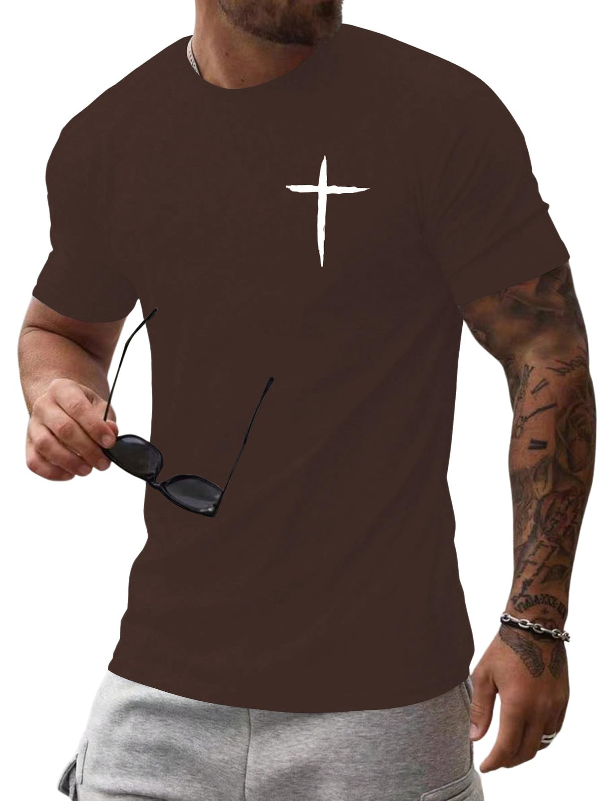 Floerns Men's Cross Print Short Sleeve T Shirt Crewneck Tee Shirts