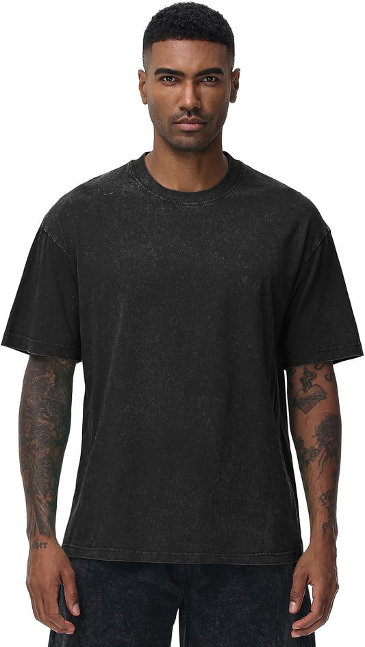 Men's Cotton T-Shirts Oversized Unisex Short Sleeves Casual Loose Wash Solid Basic Tee Tops