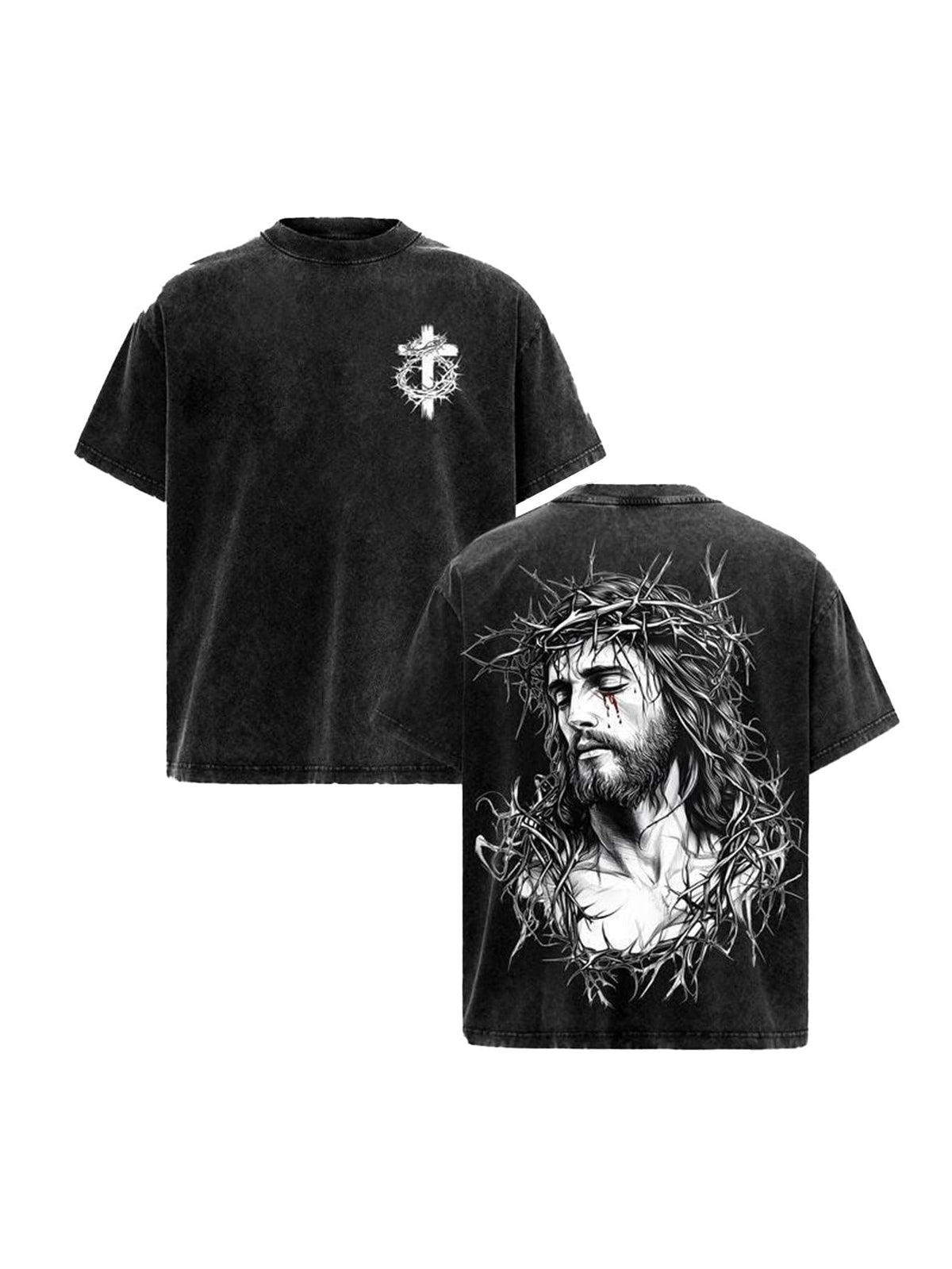 Men's Oversized Heavyweight T-Shirt Acid Wash Graphic Tee Heavyweight Cotton Streetwear Retro Angel Cross Print