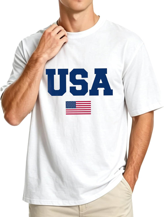 Men Graphic T Shirt American Flag 100% Cotton Patriotic USA Crewneck Tee