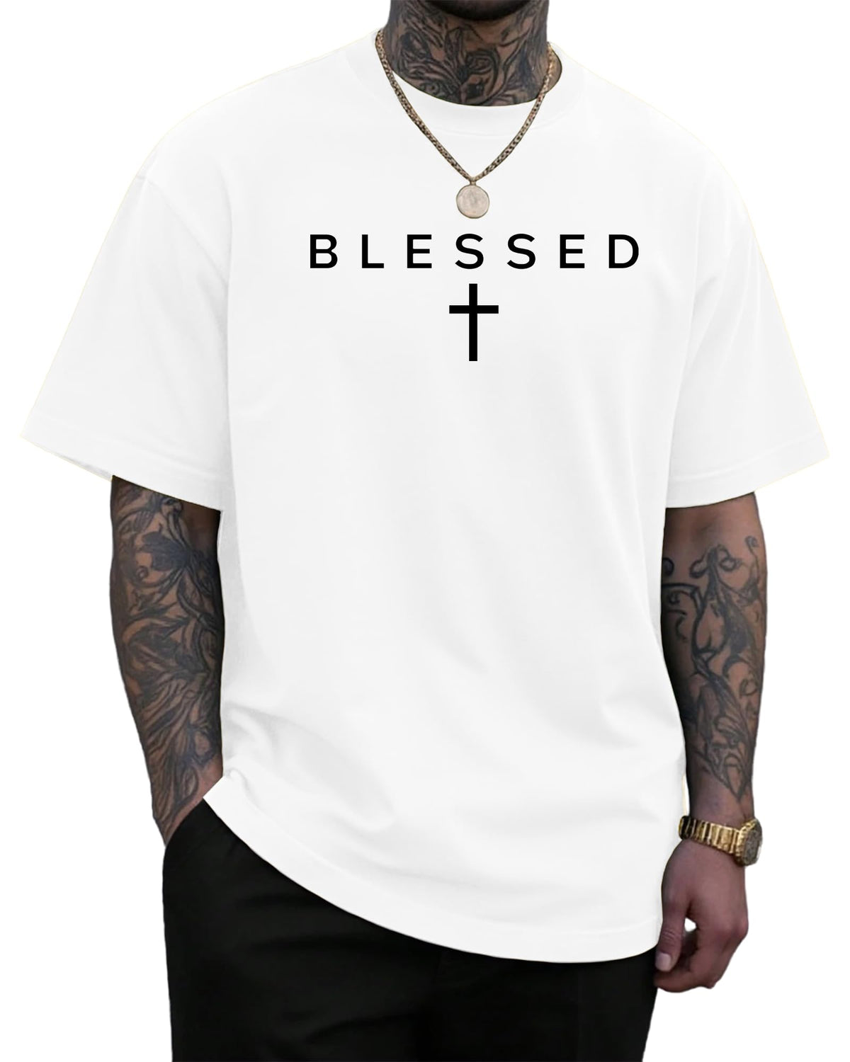 KUYIGO Mens Blessed Cross Graphic T Shirt Christian Faith Tee