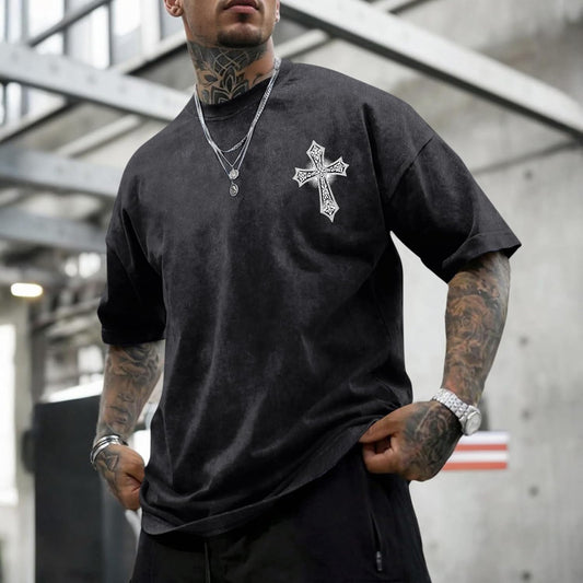 Vintage Goth Punk Shirts for Men Grunge Streetwear Oversized Tshirts Gothic Cross Graphic Tees Y2k Acid Wash T Shirt