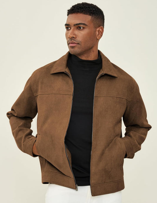 JMIERR Men's Faux Suede Collared Full Zip Casual Jacket