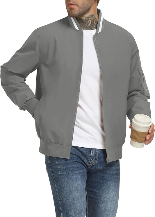 Mens Casual Lightweight Bomber Jackets Zipper Up Windproof Coat