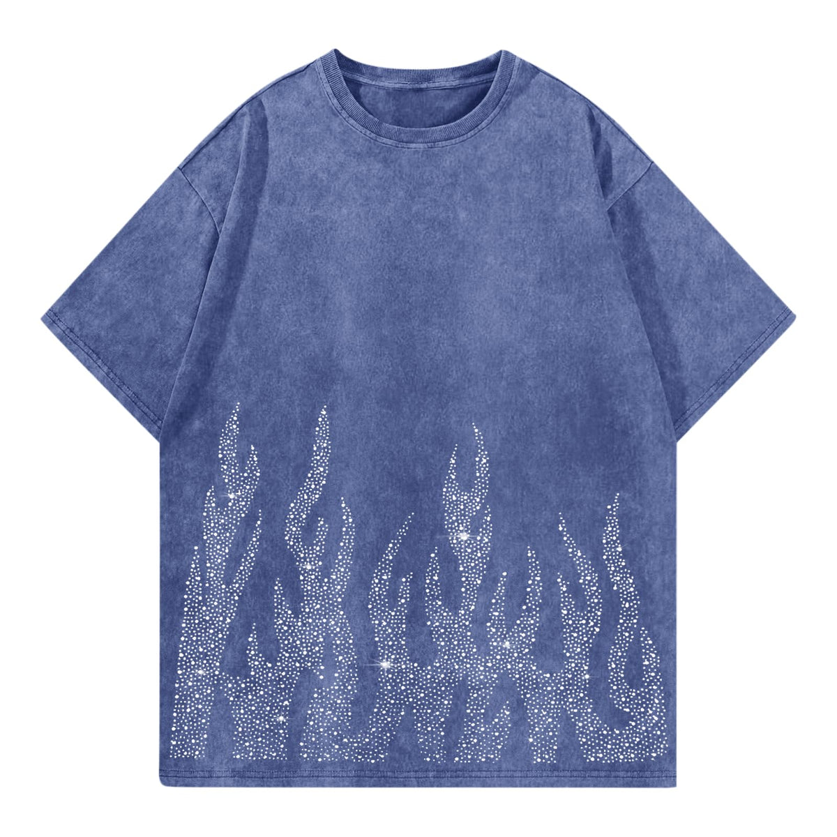 Tuislay Men's Oversized Graphic Tees Rhinestone Flame Shirt Streetwear Grunge Acid Wash Tshirt Baggy Vintage T Shirts Y2k Top