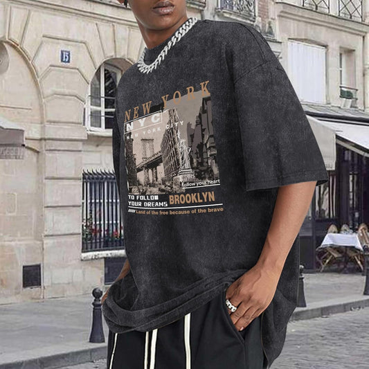 Oversized Graphic Shirts for Men New York Vintage Acid Wash Tshirts Streetwear Baggy Cotton Tees Casual Tops