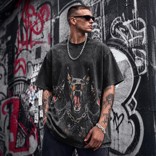Doberman Graphic Tees for Men Oversized Gothic Dog Shirt Streetwear Tshirt Vintage Acid Wash Cotton Short Sleeve Top