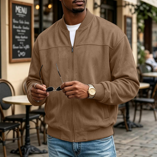Mens Suede Jacket Stand Collar Warm Plush Zip Up Bomber Jacket with Pockets