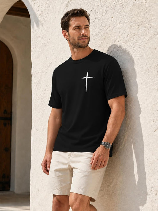 HOUZONIY Christian Tshirts for Men Cross Print Graphic Oversized Crewneck Jesus Faith Cotton Casual Short Sleeve Top Tee