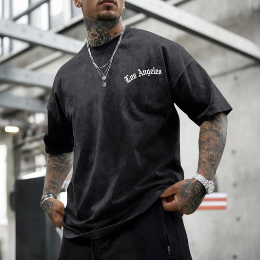 Bobeutou Oversized Graphic Tshirts for Men Los Angeles Vintage Tees Streetwear Acid Wash Baggy Cool Shirts Casual Tops