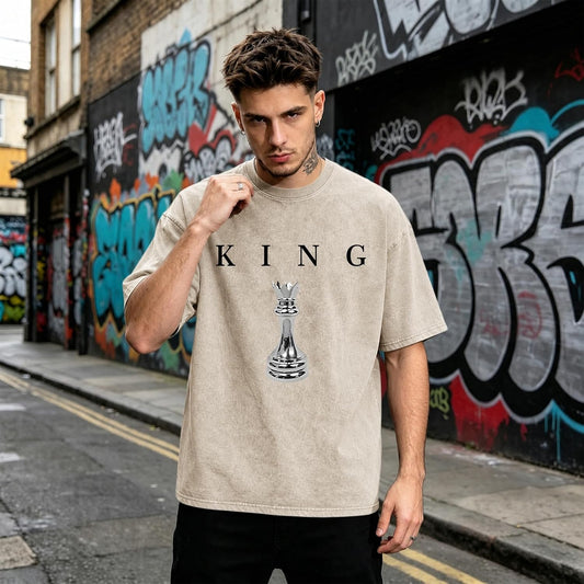 Mens Graphic Tee Shirts King Chess Shirt for Men Vintage Designer Shirts Acid Wash Tshirt Oversized Streetwear Tops
