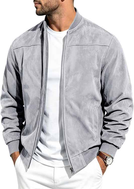 Suede Bomber Jacket Men Zip Up Long Sleeve Jackets with Pockets