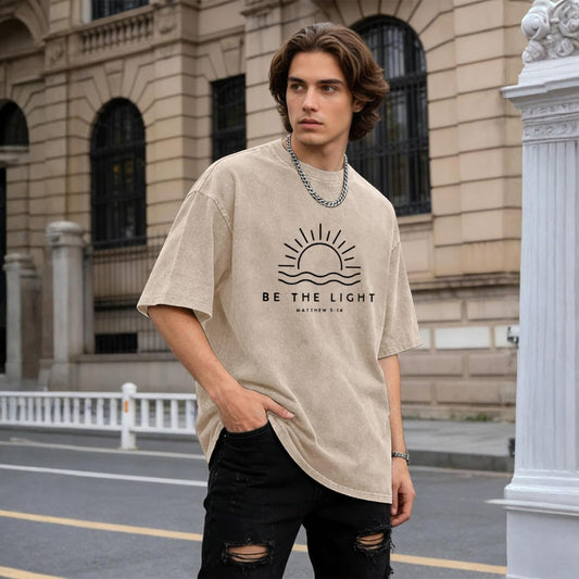 Christian Be The Light Shirts for Men Jesus God Faith Religious Bible Verse T Shirt Oversized Acid Wash Graphic Tees