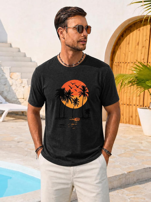 Runcati Mens Short Sleeve T-Shirts Crewneck Graphic Palm Tree Printed Tees