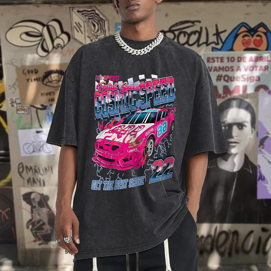 Mens Graphic T-Shirts Oversized Vintage Car Shirts for Men Racing Tshirt Streetwear Baggy Washed Drop Shoulder Tees