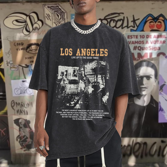Pairxily Oversized Graphic Tshirts for Men Acid Wash Los Angeles Vintage Tees Streetwear Baggy Cotton Shirts Casual Tops