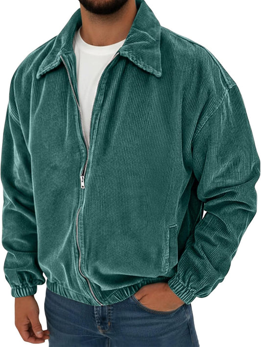 Men's Casual Corduroy Jacket Zip Up Vintage Collared Bomber Jacket