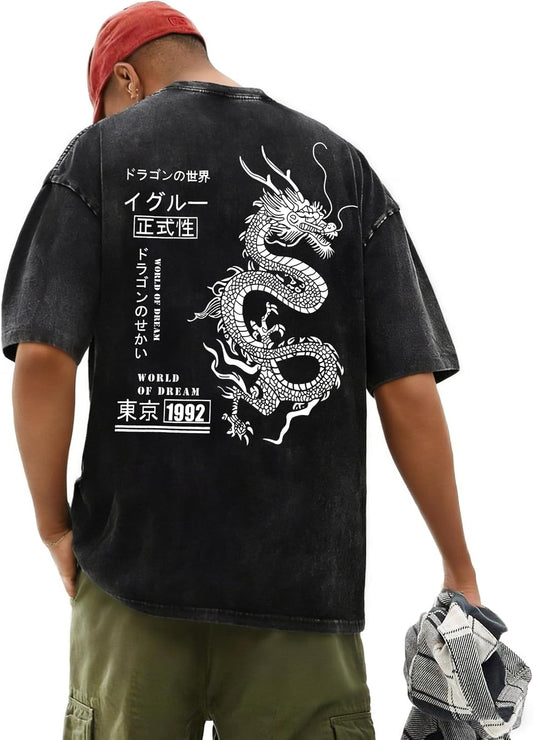 UOUA Men's Graphic Tees Washed Oversized Short Sleeve T-Shirts