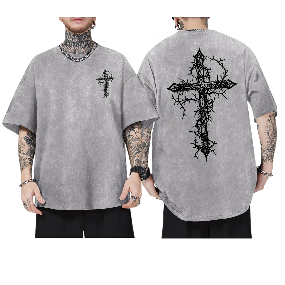 Men's Goth Shirt Oversized Acid Wash Grunge Shirts Gothic Cross Graphic Tees Vintage Streetwear Summer Tshirts