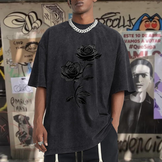 BeWithYou Mens Graphic T-Shirts Rose Floral Print Oversized Gothic Shirts Goth Shirt Vintage Grunge Tshirt Acid Wash Tee Tops