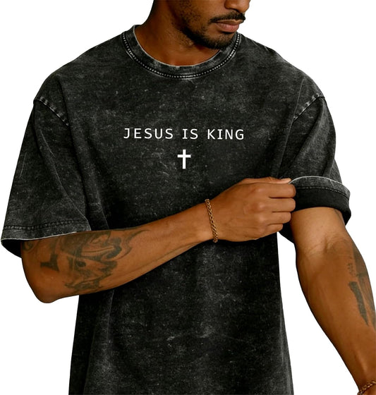 Jesus is King Cross T-Shirt Christian God Faith Shirt Casual Acid Washed Crew Neck Short Sleeve Oversized Graphic Tee