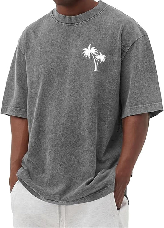 Oversized Tshirts for Men Summer Casual Short Sleeve Vintage Washed Basic Loose Tees Palm Tree Graphic Tops