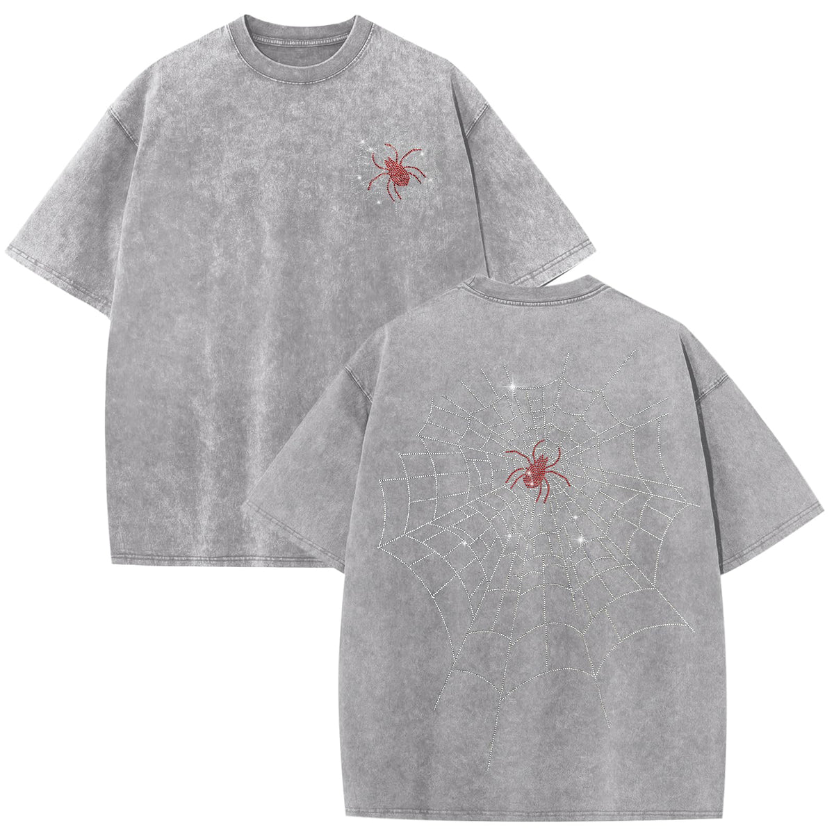 Men's Rhinestone Graphic Tee Spider Grunge Shirts Vintage Oversized Acid Wash T Shirts Y2k Streetwear Cotton Tops