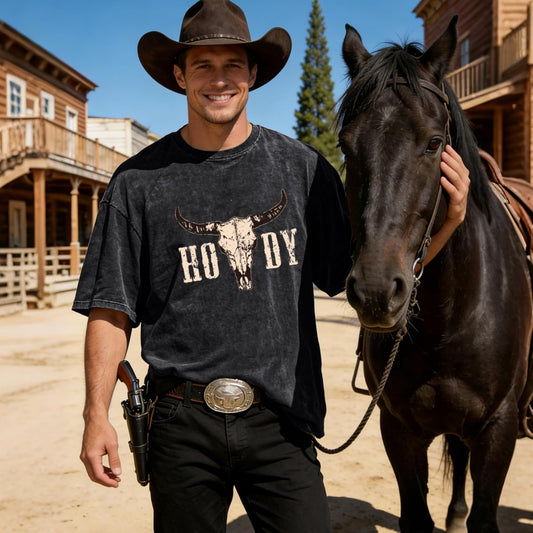 Western Shirts for Men Vintage Cowboy Shirt Oversized Cow Skull Graphic Tees Country Concert Acid Wash T-Shirts Tops
