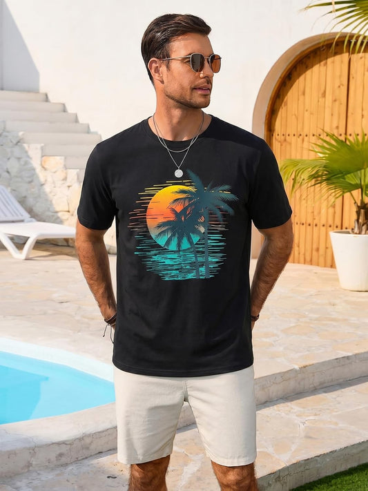 Runcati Mens Short Sleeve Graphic Palm Tree Printed T Shirts