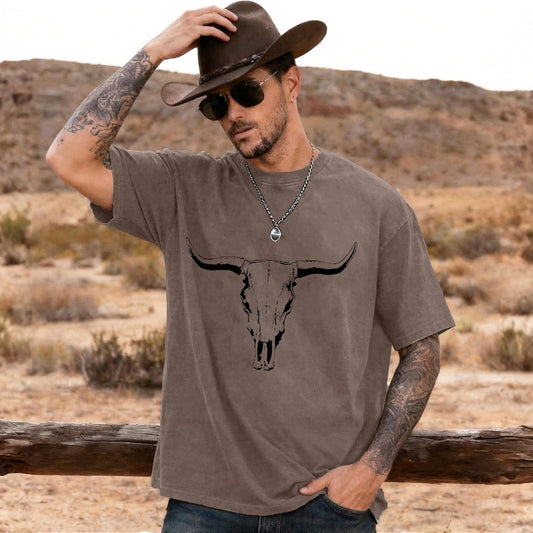Boho Cow Skull Shirt for Men Western Cowboy Vintage T-Shirts Oversized Rodeo Graphic Tee Bull Skull Short Sleeve Tops