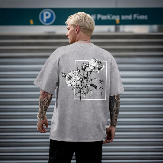 Japanese Graphic Tees for Men Harajuku Rose Flower Floral Shirts Cool Vintage Oversized Streetwear Acid Wash Tops