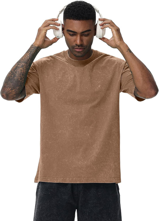 Men's Cotton T-Shirts Oversized Unisex Short Sleeves Casual Loose Wash Solid Basic Tee Tops