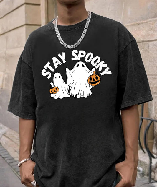 KESIHAN Mens Oversized Halloween Graphic Tee Cotton Acid Wash Shirt