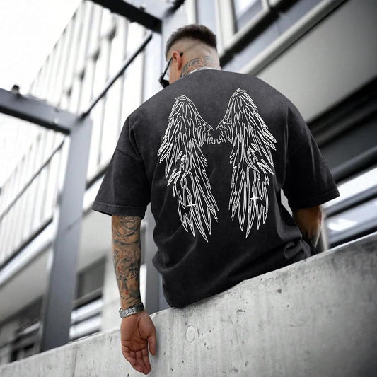 Graphic Tees for Men Gothic Oversized Tshirts Y2k Vintage Shirts Acid Wash Grunge Tshirt Streetwear Wing Cool Shirt