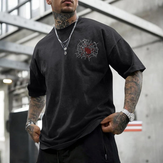 Men's Rhinestone Graphic Tee Spider Grunge Shirts Vintage Oversized Acid Wash T Shirts Y2k Streetwear Cotton Tops