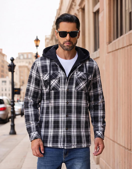 COOFANDY Men's Flannel Plaid Shirt Jacket Hooded Quilted Lined Shacket