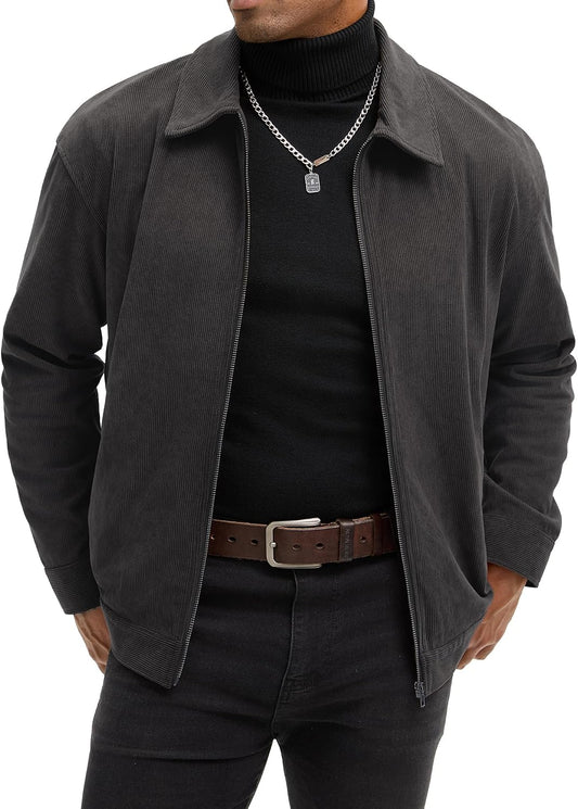 Comdecevis Men's Corduroy Bomber Collared Jacket, Full Zip Up