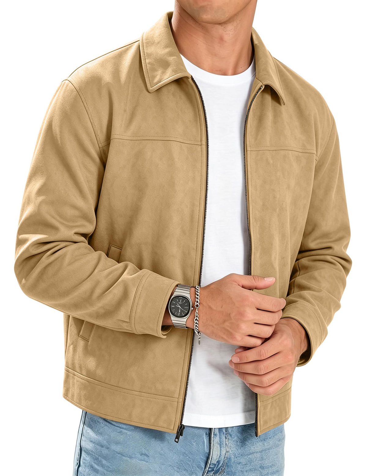 JMIERR Men's Faux Suede Collared Full Zip Casual Jacket