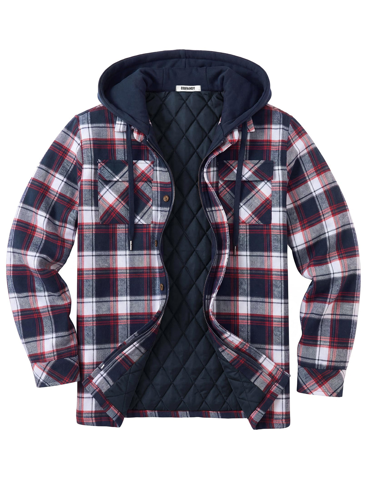 COOFANDY Men's Flannel Plaid Shirt Jacket Hooded Quilted Lined Shacket