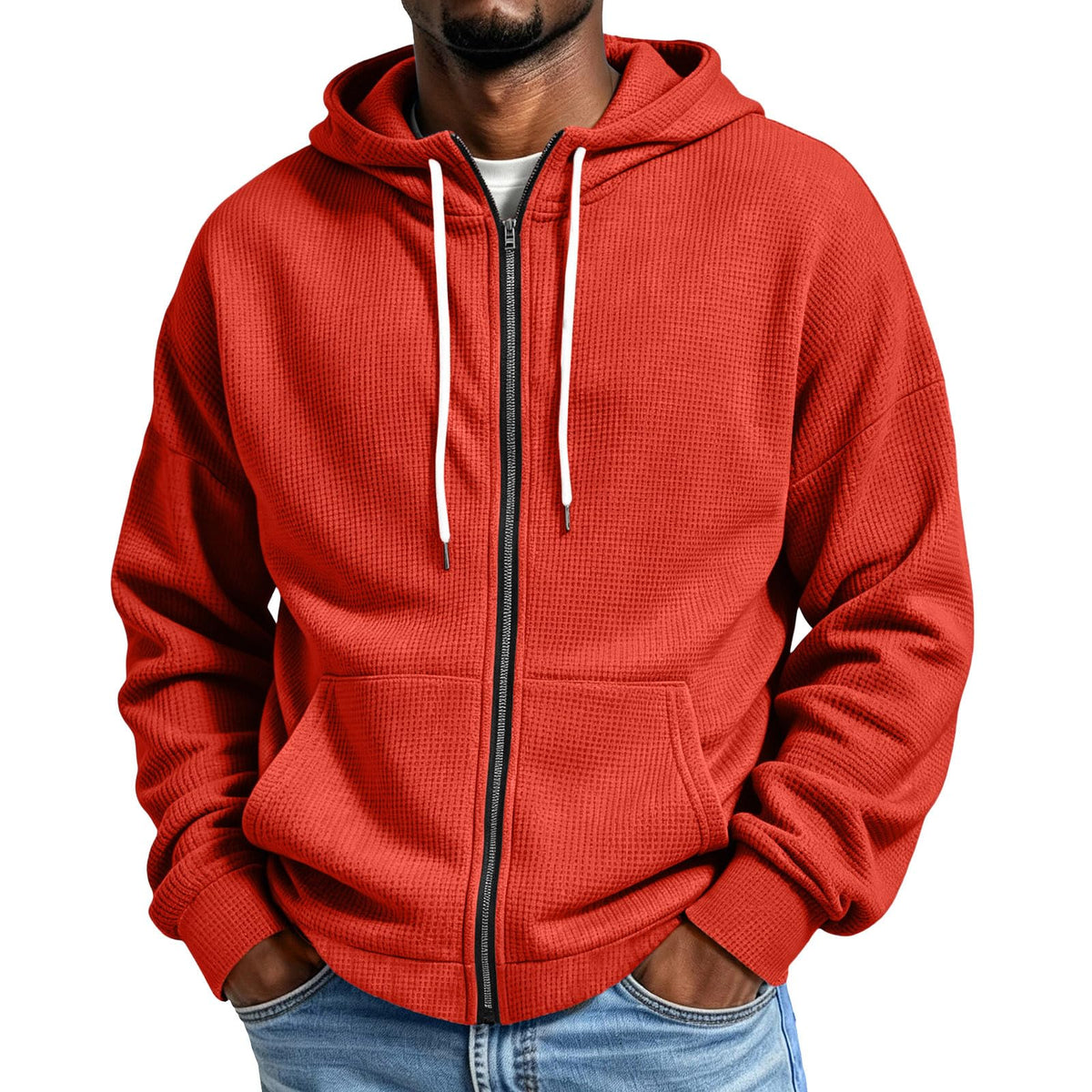 Waffle Hoodie Men Zip Up Athletic Casual Hooded Sweatshirts with Pockets