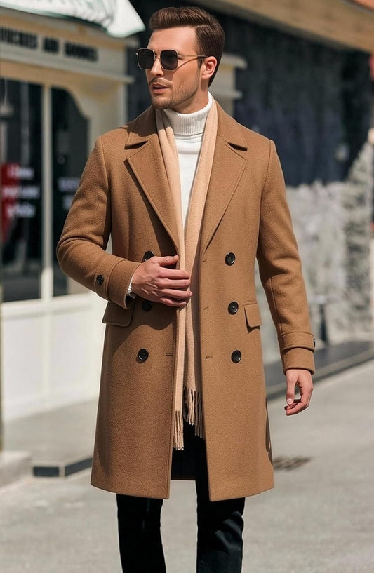 Men's Premium Wool Blend Double Breasted Long Pea Coat