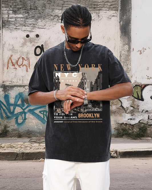 Graphic T-Shirt for Men New York Vintage Acid Wash Cotton Tees Y2K Tops
