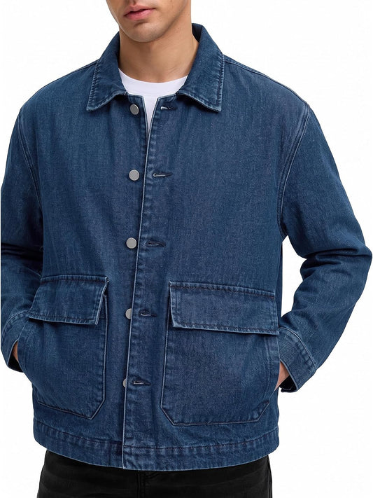 JEMLDL Men’s Jean Jacket Relaxed Fit Denim Utility Jacket