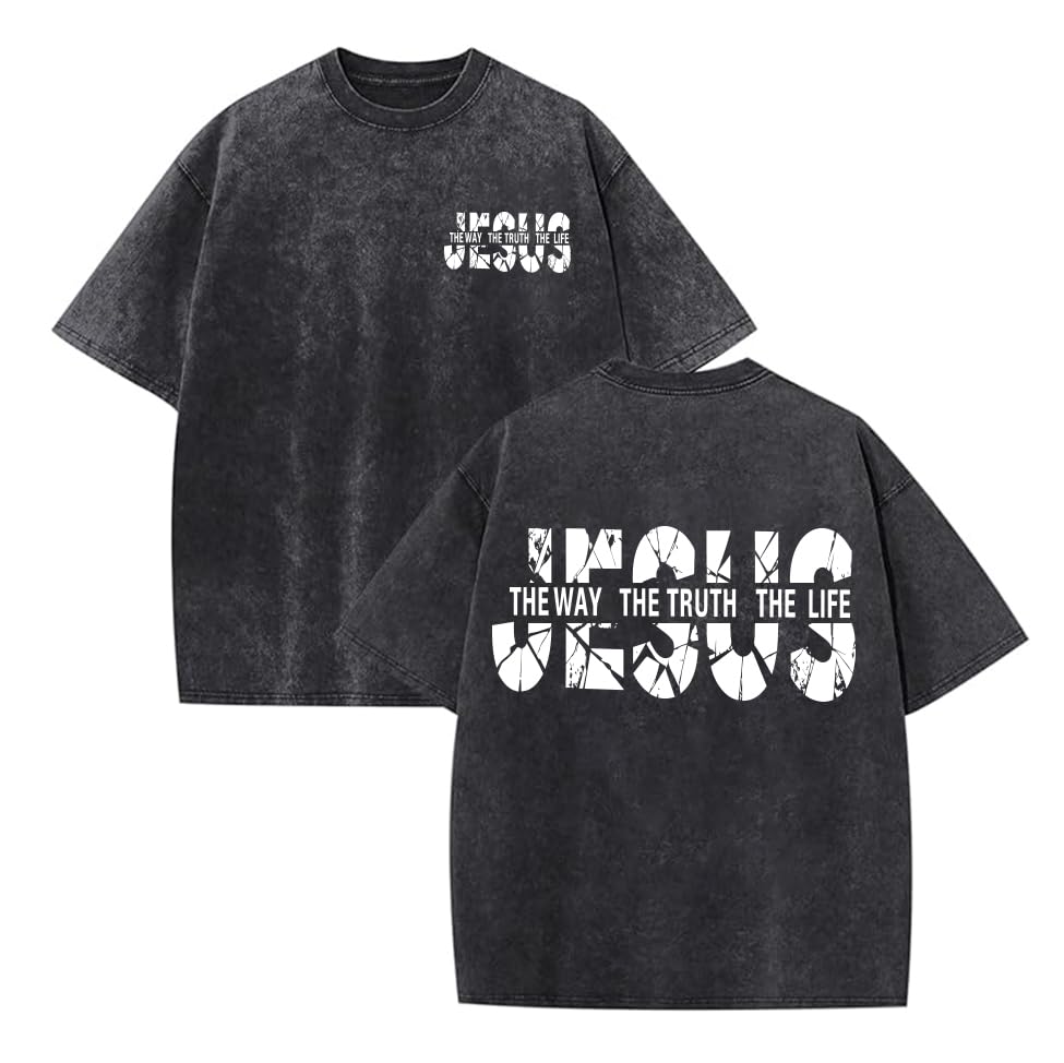 Eatbook Christian Shirts for Men Women Jesus Faith Oversized Acid Wash Tops