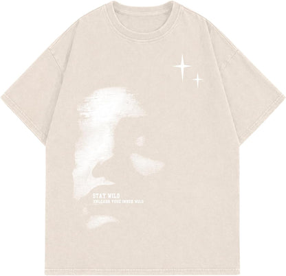 KUYIGO Unisex Vintage Washed Graphic T Shirt Abstract Face Tee
