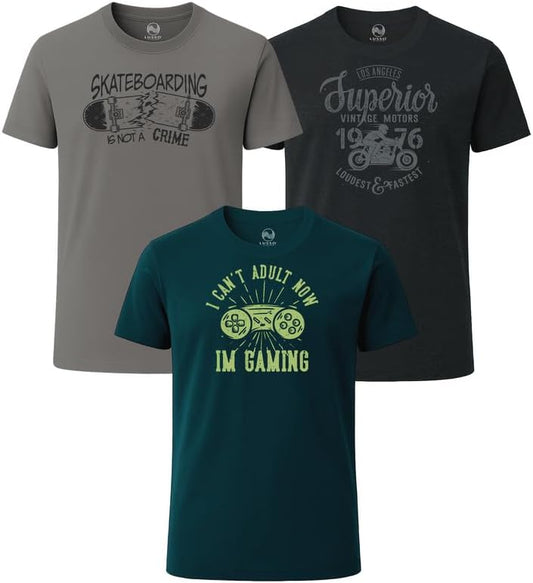 3 Pack Men's Graphic Short Sleeve Crewneck T-Shirts, 100% Cotton Casual Round Neck Printed Tees