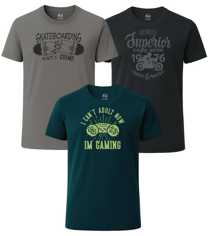 3 Pack Men's Graphic Short Sleeve Crewneck T-Shirts, 100% Cotton Casual Round Neck Printed Tees