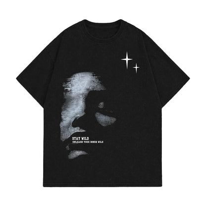 KUYIGO Unisex Vintage Washed Graphic T Shirt Abstract Face Tee