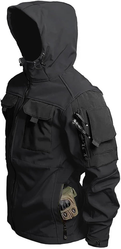 Men's Tactical Soft Shell Jacket Lightweight Water-Resistant Spring Fall Windbreaker Zip up Hooded Coat with Pockets