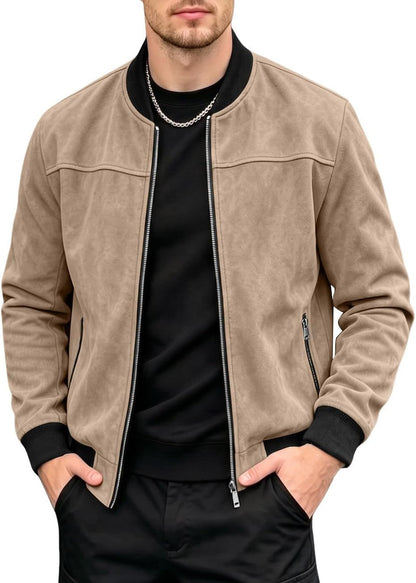 Men's Lightweight Suede Bomber Jackets Casual Full Zip Coat